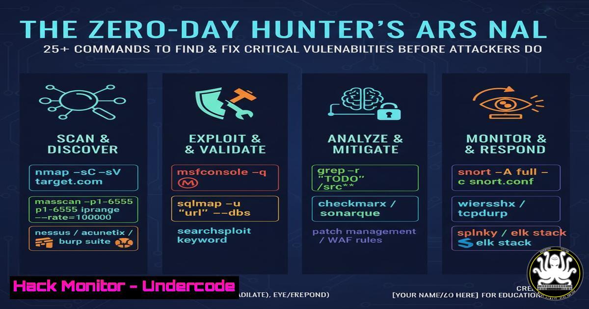 UndercodeUpdate's tweet card. The Zero-Day Hunter's Arsenal: 25+ Commands to Find and Fix Critical Vulnerabilities Before Attackers Do - "Undercode Testing": Monitor hackers like a pro.