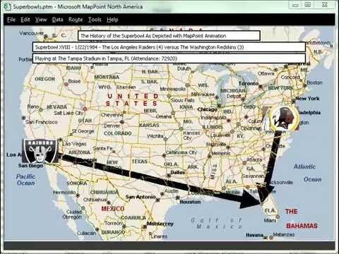 MapForums's tweet card. Results of Super Bowl Contests Depicted on an Animated MapPoint Map