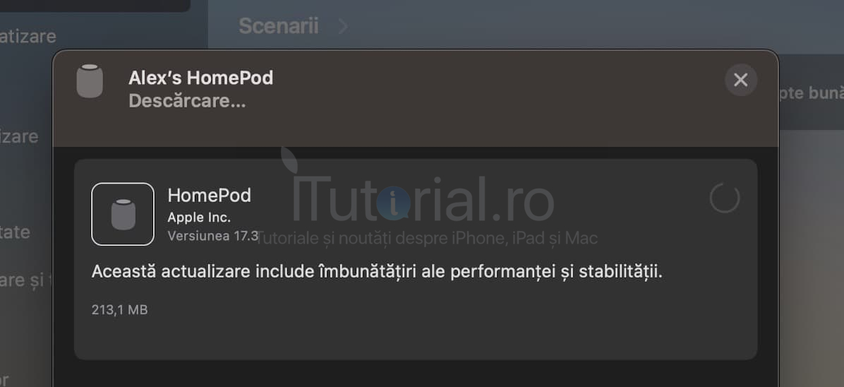 iTutorialro's tweet card. Versiunea software 17.3 furnizează îmbunătățiri ale performanței și stabilității, Apple neprecizând dacă utilizatorii de HomePod