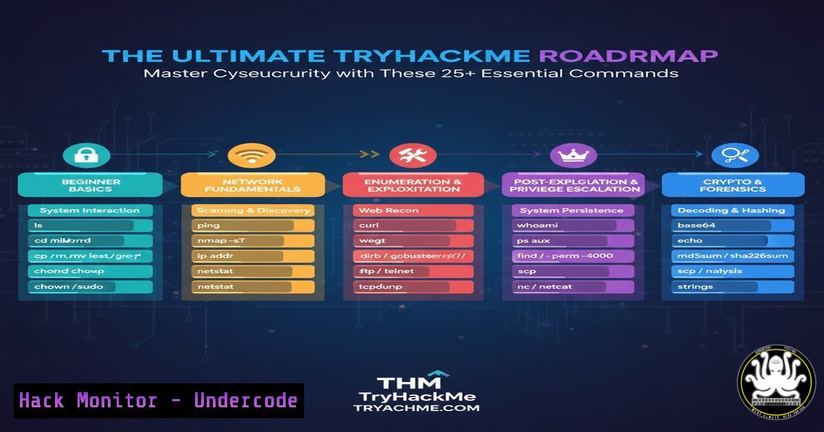 UndercodeUpdate's tweet card. The Ultimate TryHackMe Roadmap: Master Cybersecurity with These 25+ Essential Commands - "Undercode Testing": Monitor hackers like a pro. Get real-time