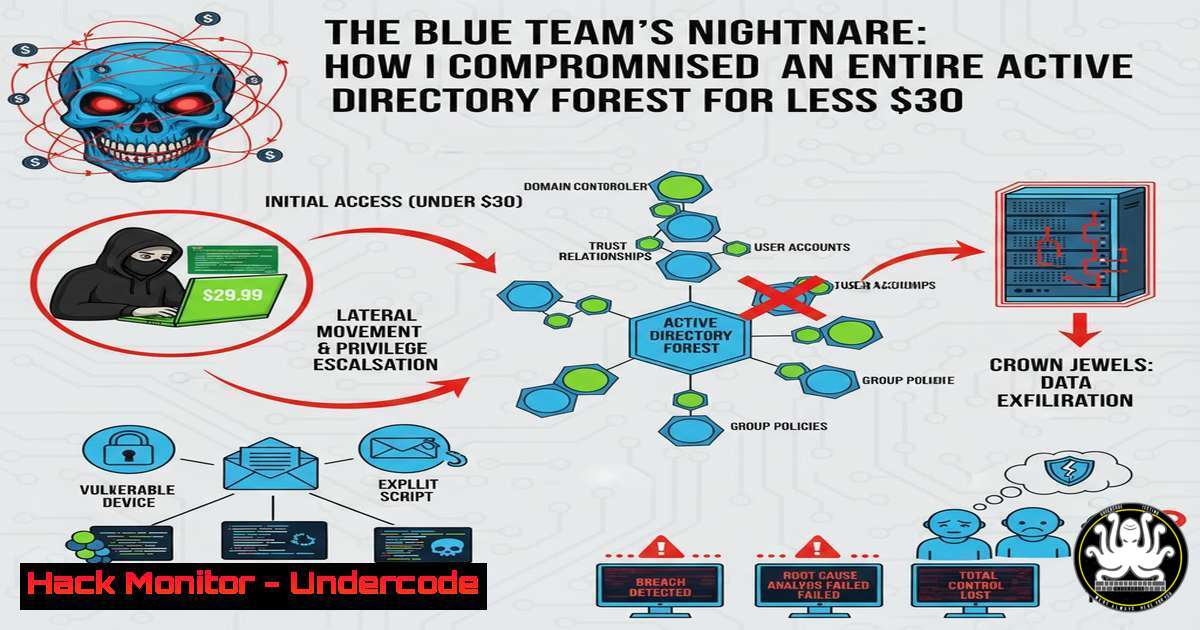 UndercodeUpdate's tweet card. The Blue Team's Nightmare: How I Compromised an Entire Active Directory Forest for Less Than 0 - "Undercode Testing": Monitor hackers like a pro. Get