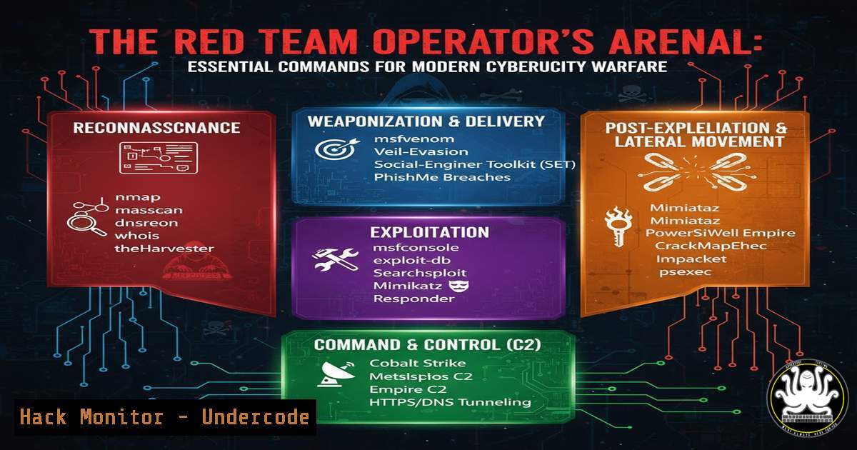 UndercodeUpdate's tweet card. The Red Team Operator's Arsenal: Essential Commands for Modern Cybersecurity Warfare - "Undercode Testing": Monitor hackers like a pro. Get real-time updates,