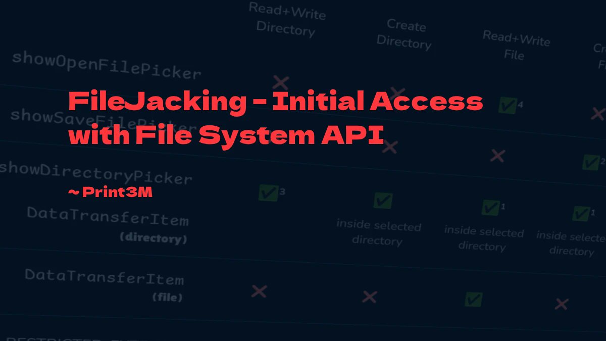 Print3M_'s tweet card. FileJacking – Malware Initial Access technique with File System API. Backdoor files, read / write folders directly from the browser – no downloads.