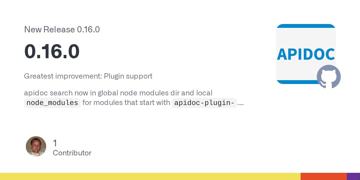 apiDocJS's tweet card. Greatest improvement: Plugin support apidoc search now in global node modules dir and local node_modules for modules that start with apidoc-plugin-. (local installed plugins have higher priority) V...