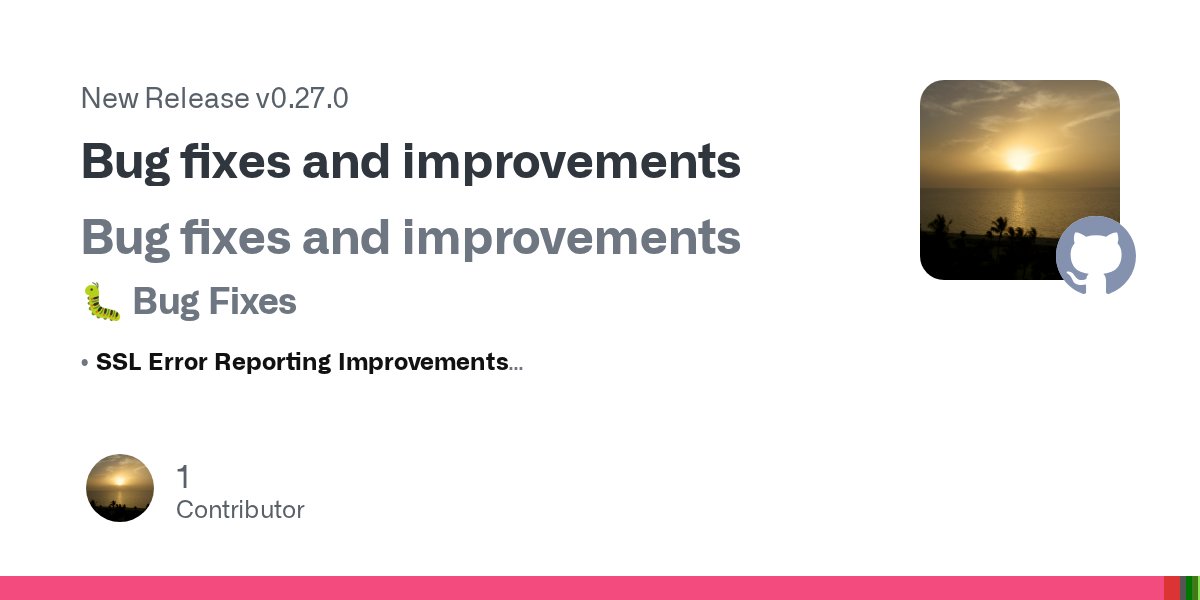 SwedenCpp's tweet card. Bug fixes and improvements 🐛 Bug Fixes • SSL Error Reporting Improvements Fixed SSL error reporting in SSLClient (#2251) Enhanced error handling to properly capture OpenSSL errors when SSL context...