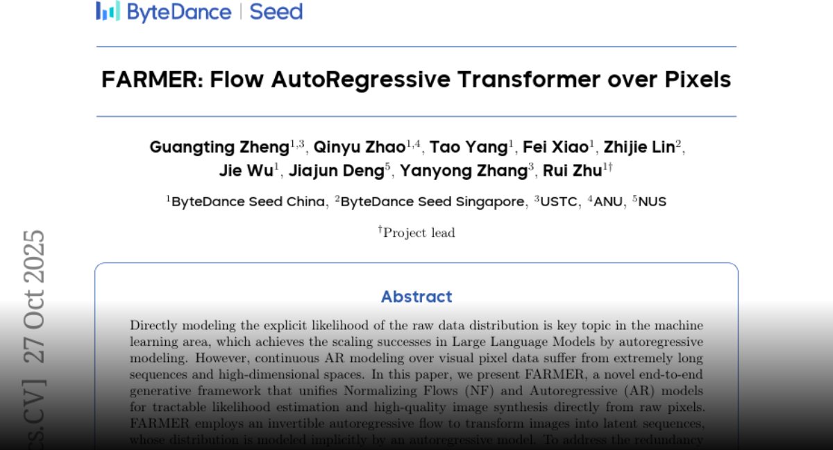 javaeeeee1's tweet card. Paper page - FARMER: Flow AutoRegressive Transformer over Pixels