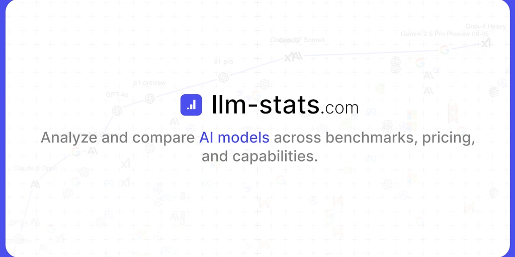 javaeeeee1's tweet card. LLM Stats is the go-to place to analyze and compare AI models across benchmarks, pricing and capabilities. Compare model performance easily through our playground and API that gives you access to...
