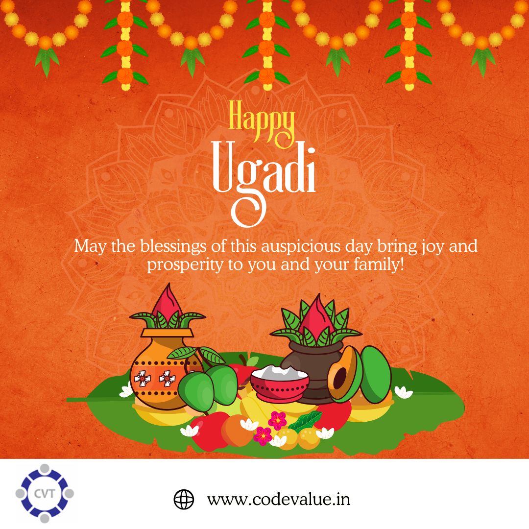 CodeValueTech's tweet card. May the sweetness of joy, richness of blessings, and abundance of success enrich your life as we welcome the new year with Ugadi. Wishing you and your loved ones a joyous Ugadi from team CodeValue...