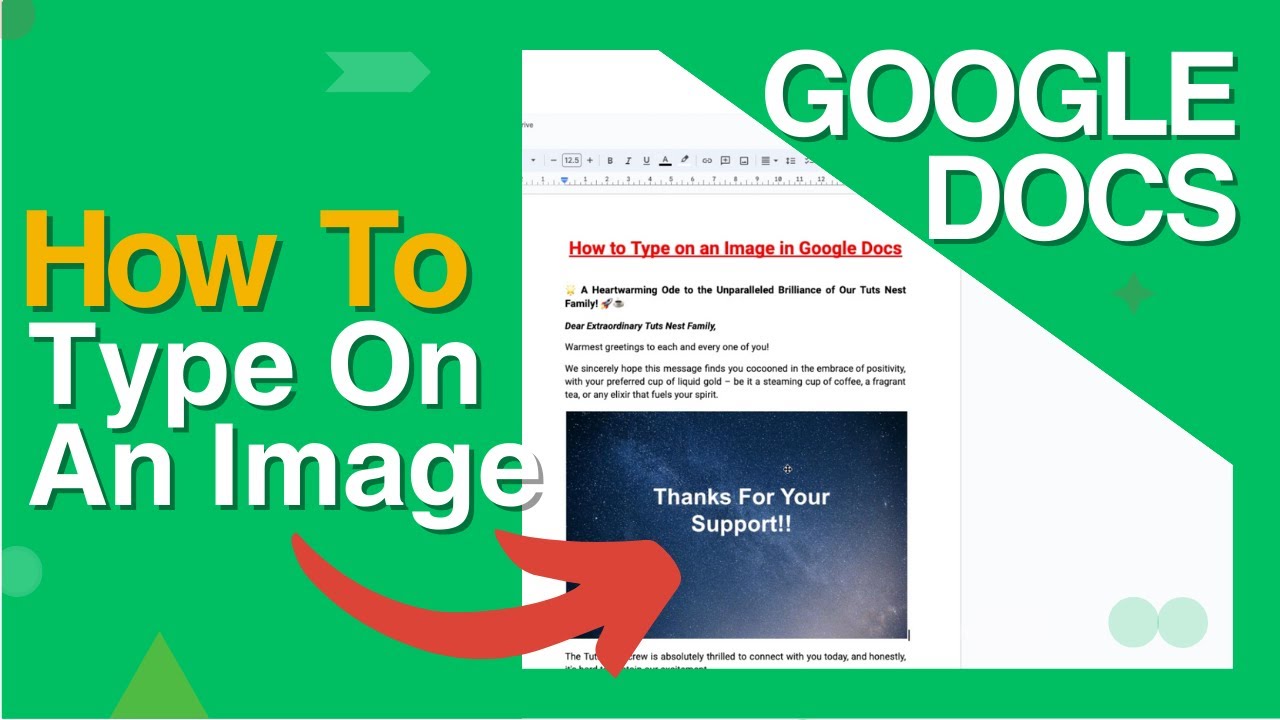 TutsNest's tweet card. How to Type or Write on an Image in Google Docs.