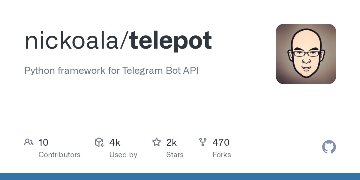 PythonBolivia's tweet card. Python framework for Telegram Bot API. Contribute to nickoala/telepot development by creating an account on GitHub.