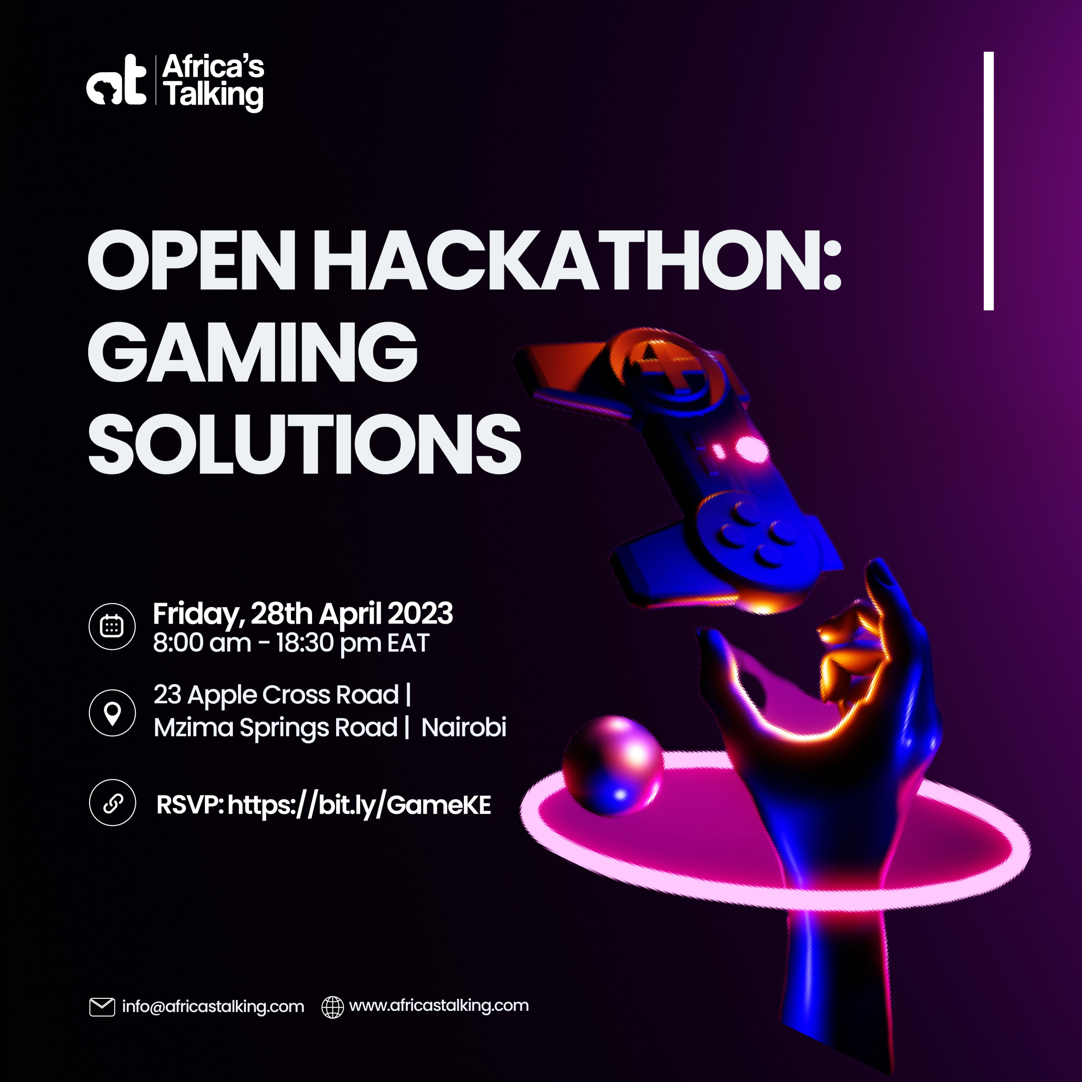 Africastalking's tweet card. In-person Event - Join us at our open hackathon every last Friday of the month. Build with us, present feature requests, give feedback, or contribute to our open-source API and SDKs. THEME: Innovat...