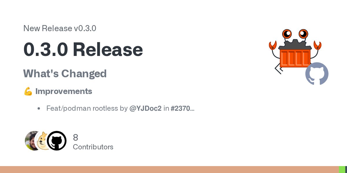utam0k's tweet card. What's Changed 💪 Improvements Feat/podman rootless by @YJDoc2 in #2370 This PR is based on the amazing debugging and groundwork for proof-of-concept by @orimanabu , @Furisto as well as great ...