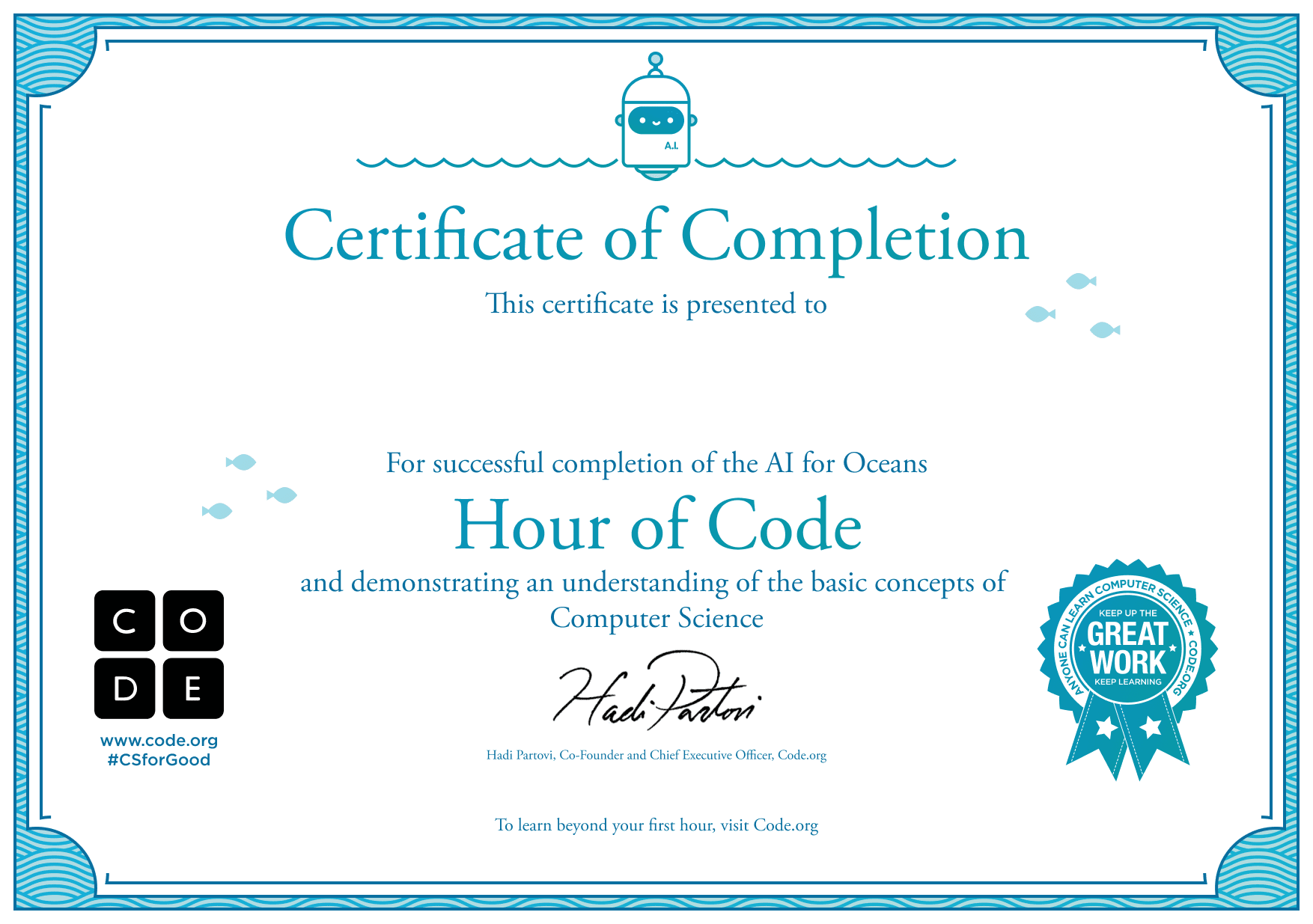 Soaphy_'s tweet card. Certificate for completion of AI for Oceans