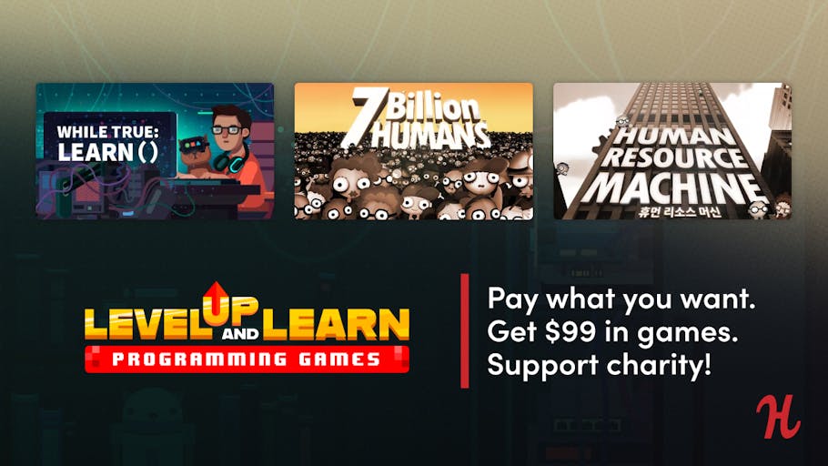 _PapaBearGaming's tweet card. Have fun learning about programming, AI, and machine learning in this puzzle and logic game bundle featuring while True: learn(), 7 Billion Humans, and more.
