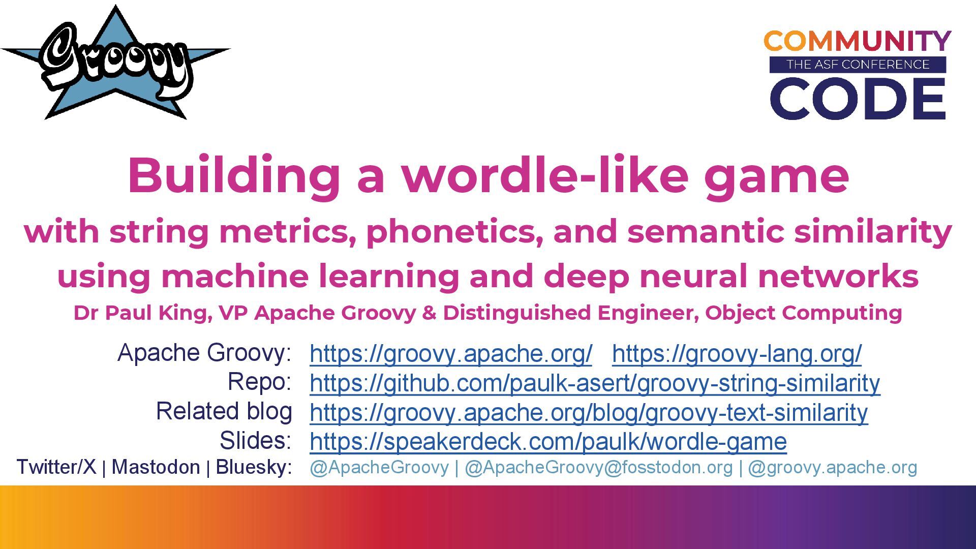paulk_asert's tweet card. Looks at writing a wordle-like game in Groovy that incorporates different generations of string similarity technologies including string metrics, phonet…