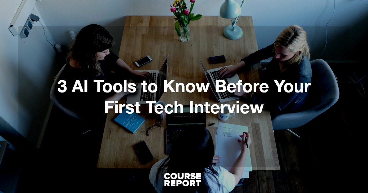 CourseReport's tweet card. AI tools will give you a leg-up in finding a tech job! Here are 3 AI tools you should know before your first tech interview.