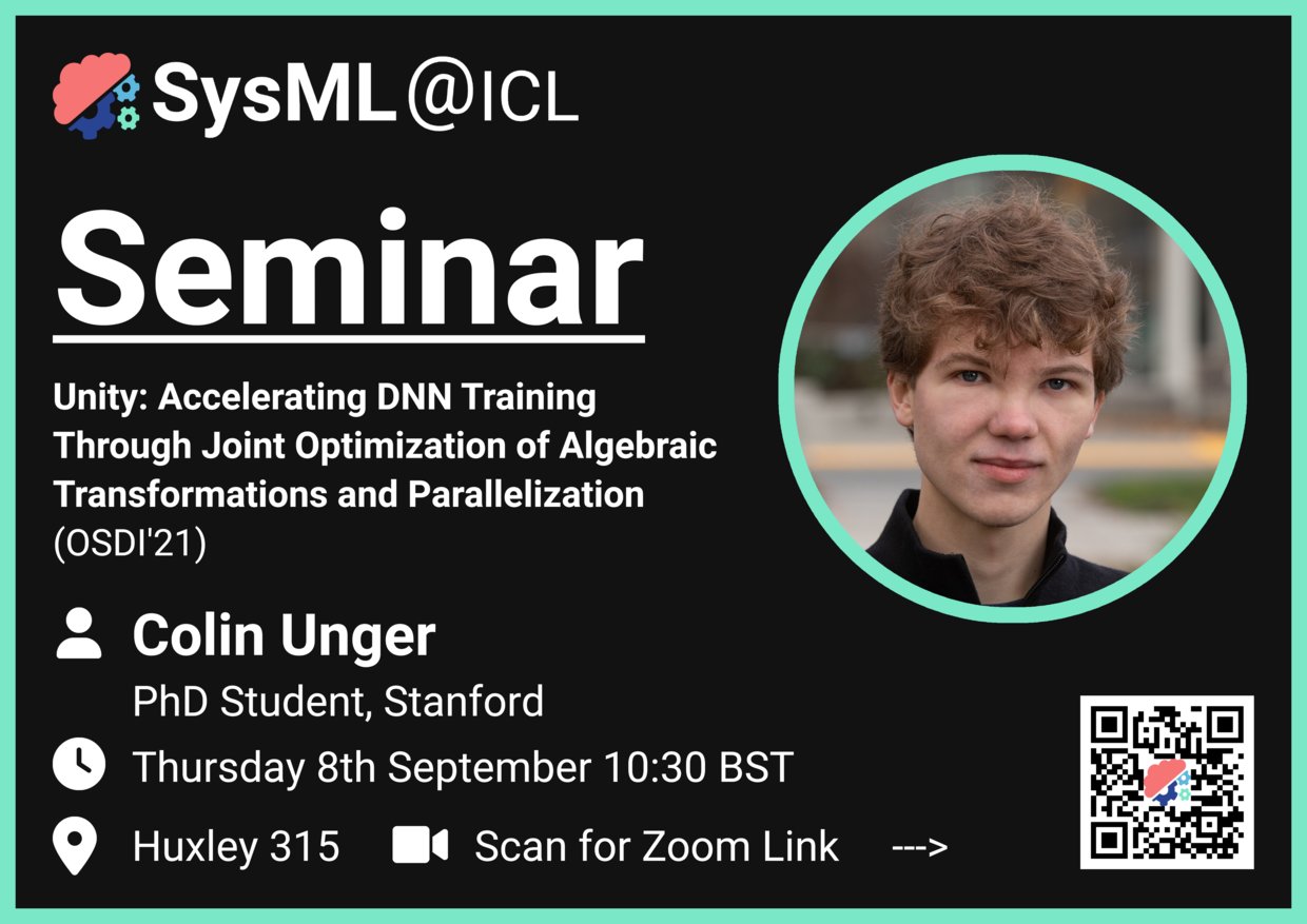 SysML_ICL's tweet card. Colin Unger will present his work on Unity (OSDI'22)