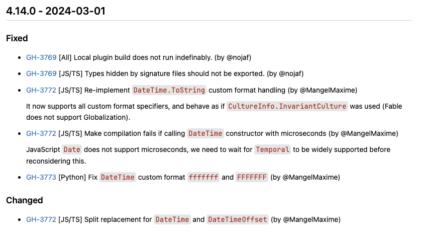 fsharponline's tweet card. Attached: 1 image To kick March in a bang 💥 Today we released Fable 4.14 which improves signature files support and also implements all possible custom format for DateTime when targeting JS/TS. You...