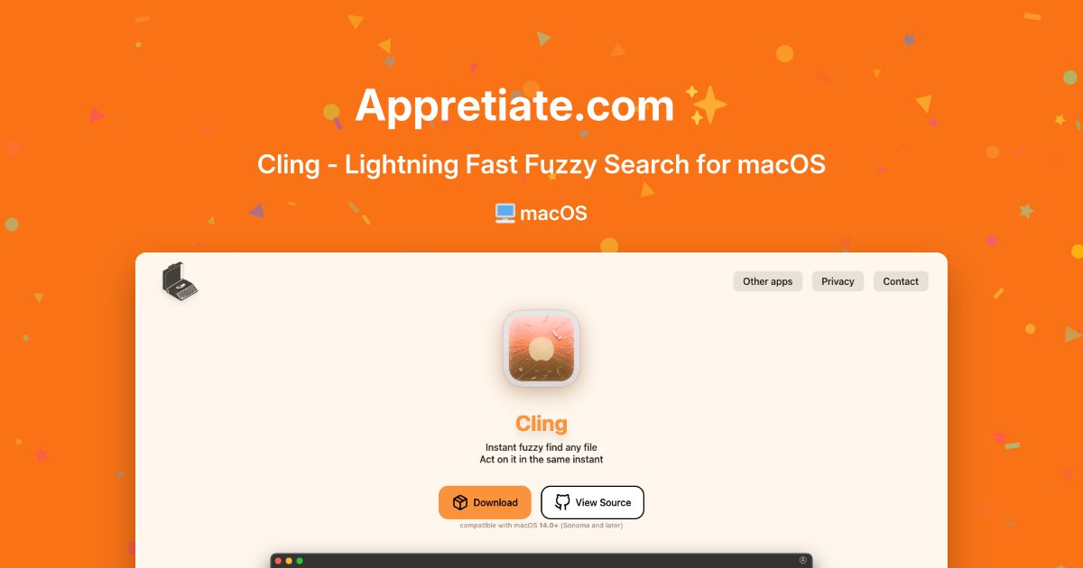 AppretiateApps's tweet card. Cling is a powerful macOS-focused application designed for instant file searching with unmatched efficiency.