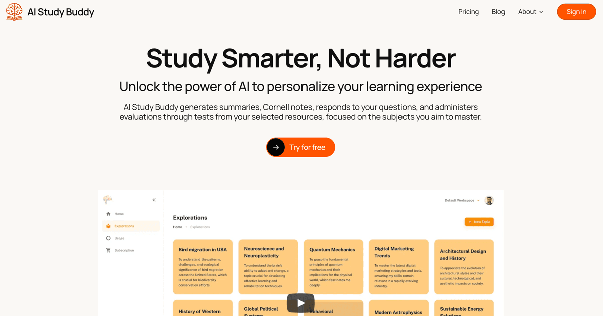 aistudybuddy's tweet card. AI Study Buddy, your AI learning sidekick, is designed to enhance your learning experience. It provides a range of tools such as AI content summarization, note generation, interactive chats, and...
