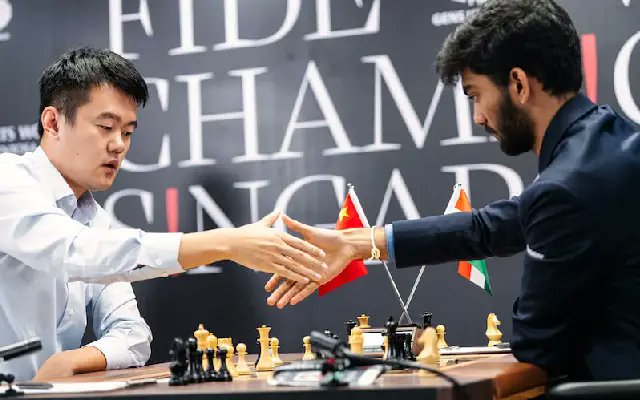 Newskarnataka's tweet card. In a thrilling finale to the 2024 World Chess Championship, 18-year-old Indian GM D Gukesh defeated reigning champion Ding Liren in Game 14
