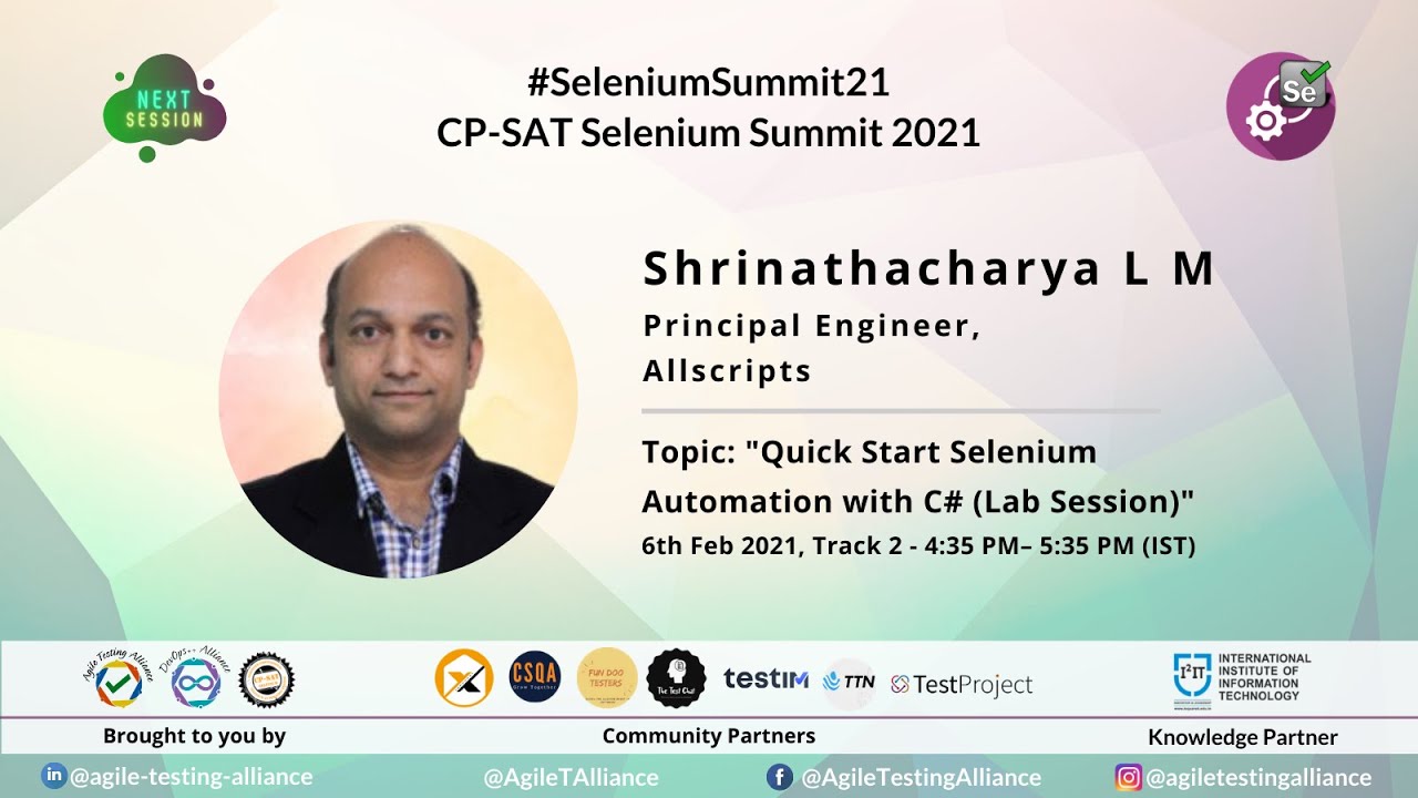 AgileTAlliance's tweet card. #SeleniumSummit21​- "Quick Start Selenium Automation with C# (Lab...