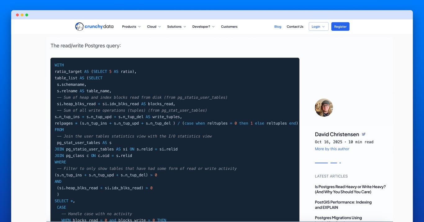 planetpostgres's tweet card. A query to find out if Postgres is read heavy or write heavy and tips for optimizing Postgres for both read and write workloads.
