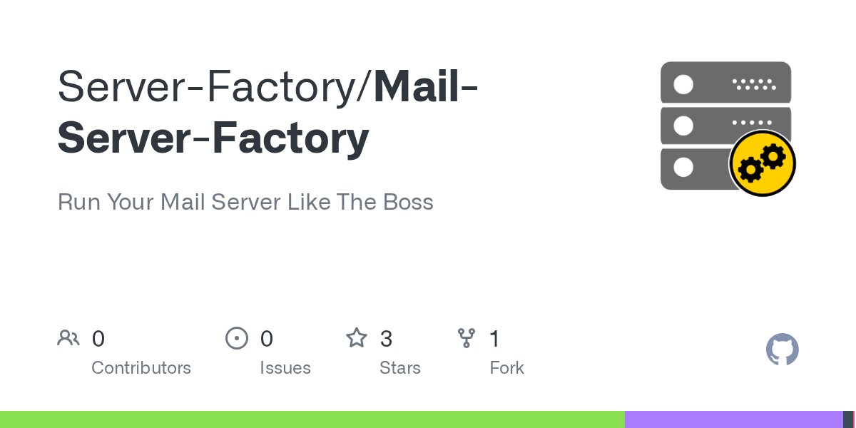 factory_server's tweet card. Run Your Mail Server Like The Boss. Contribute to Server-Factory/Mail-Server-Factory development by creating an account on GitHub.