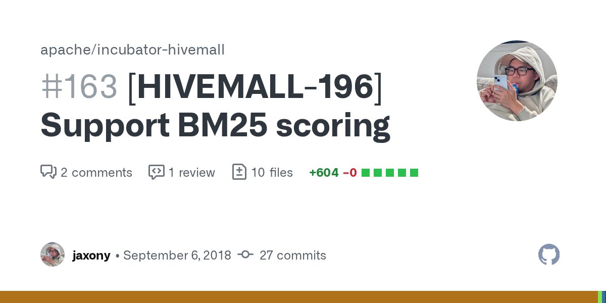 ApacheHivemall's tweet card. What changes were proposed in this pull request? Adding scoring function Okapi BM25 as a UDF What type of PR is it? Feature What is the Jira issue? https://issues.apache.org/jira/projects/HIVEMALL/...