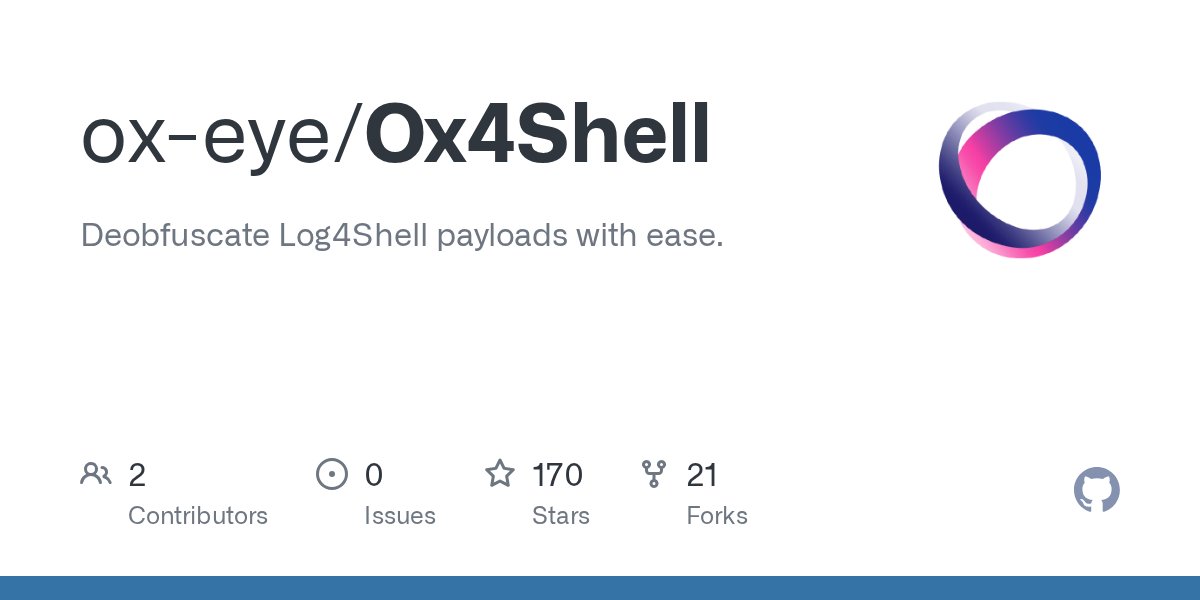 orysegal's tweet card. Deobfuscate Log4Shell payloads with ease. Contribute to ox-eye/Ox4Shell development by creating an account on GitHub.