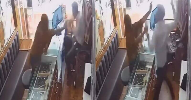 Entertales's tweet card. A woman’s robbery attempt at an Ahmedabad jewelery shop went viral after the shopkeeper fought back, delivering 20 slaps and dragging her out.