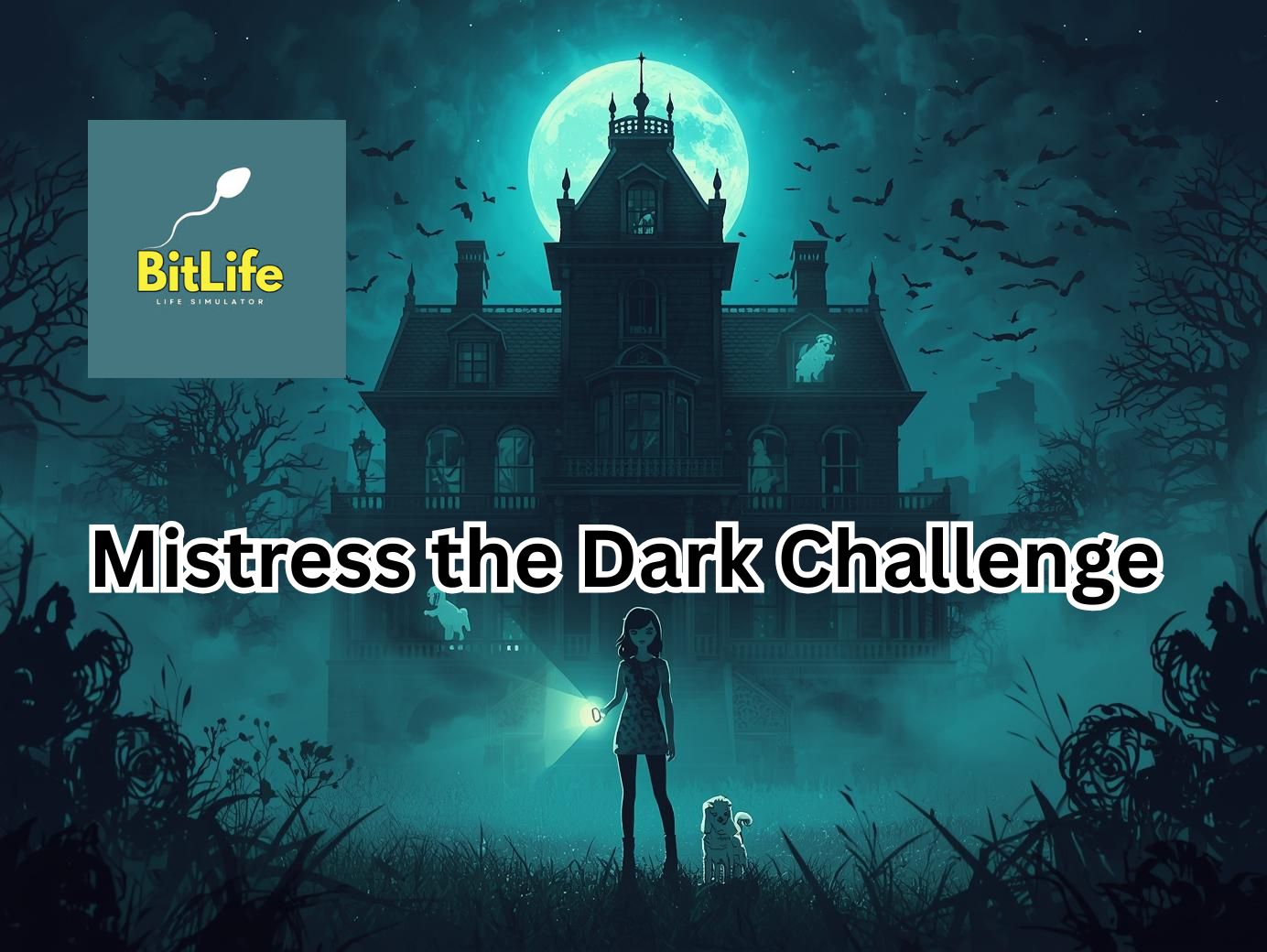 BitlifeModApk05's tweet card. The Mistress of the Dark Challenge in BitLife requires you to meet a few spooky conditions: start as a female character, own a haunted mansion in