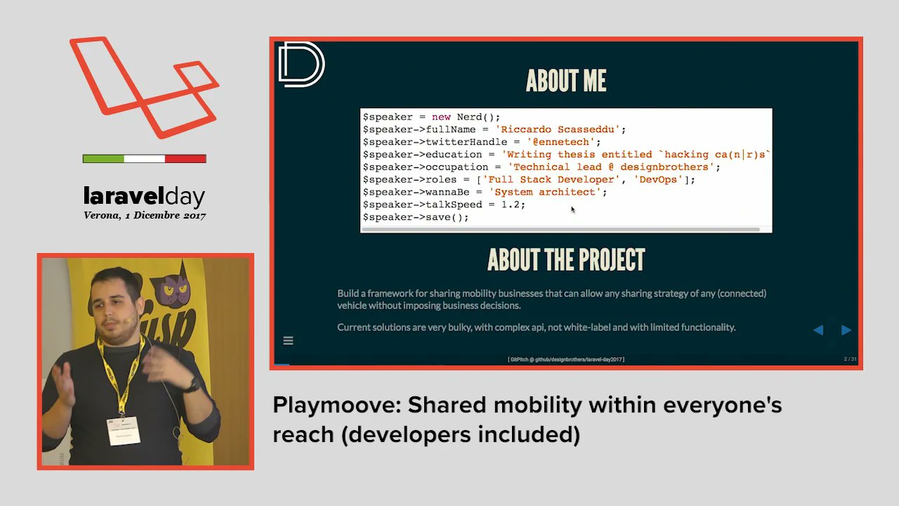 LaravelDayIt's tweet card. Riccardo Scasseddu - Playmoove: Shared mobility within everyone's...