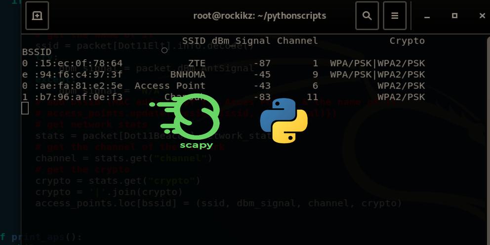 ThePythonCode1's tweet card. Building a Wi-Fi scanner in Python using Scapy that finds and displays available nearby wireless networks and their MAC address, dBm signal, channel and encryption type.
