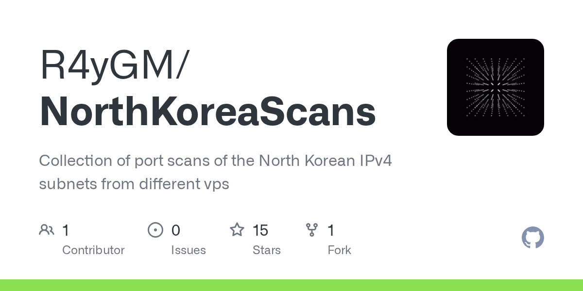 R4yDev's tweet card. Collection of port scans of the North Korean IPv4 subnets from different vps - R4yGM/NorthKoreaScans