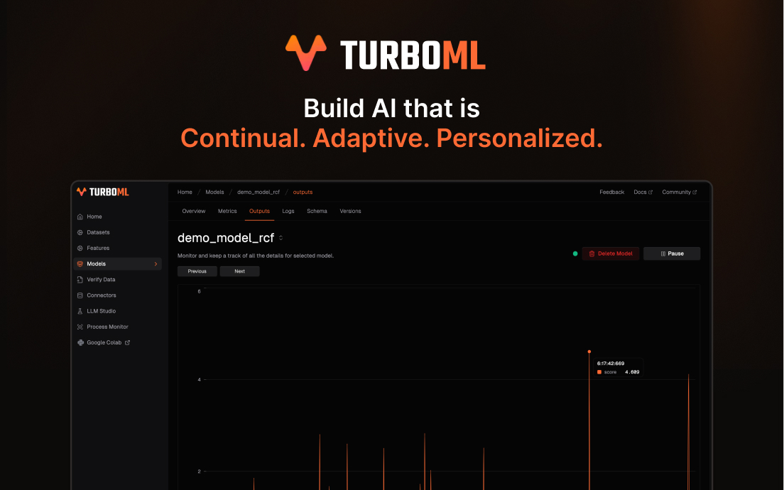 TurboML's tweet card. Build AI that is Continual. Adaptive. Personalized.