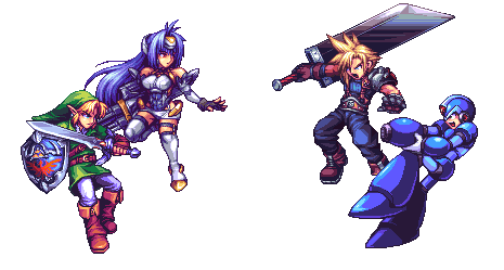 ahruon's tweet card. This version includes: Playable characters: -Link (The Legend of Zelda) -Cloud (Final Fantasy VII) -KOSMOS (Xenosaga) -X (Megaman X) Stages -Sacred Forest Meadow -Central Highway In the next days, …