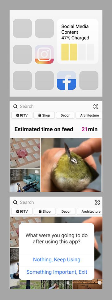 SCSatCMU's tweet card. Cho's team proposed interventions to help correct the most common reasons users felt regret after using a social media app. One intervention (top) shows how much of the platform's content changed...