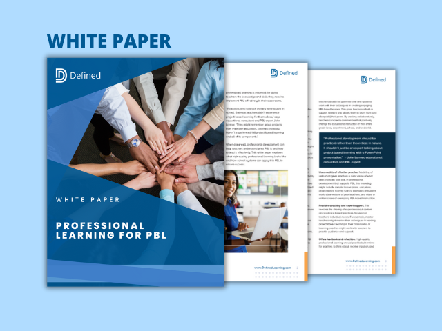 DefinedLearning's tweet card. High-quality professional learning is essential for giving teachers the knowledge and skills they need to implement PBL effectively in their classrooms. This white paper explores what high-quality PD...