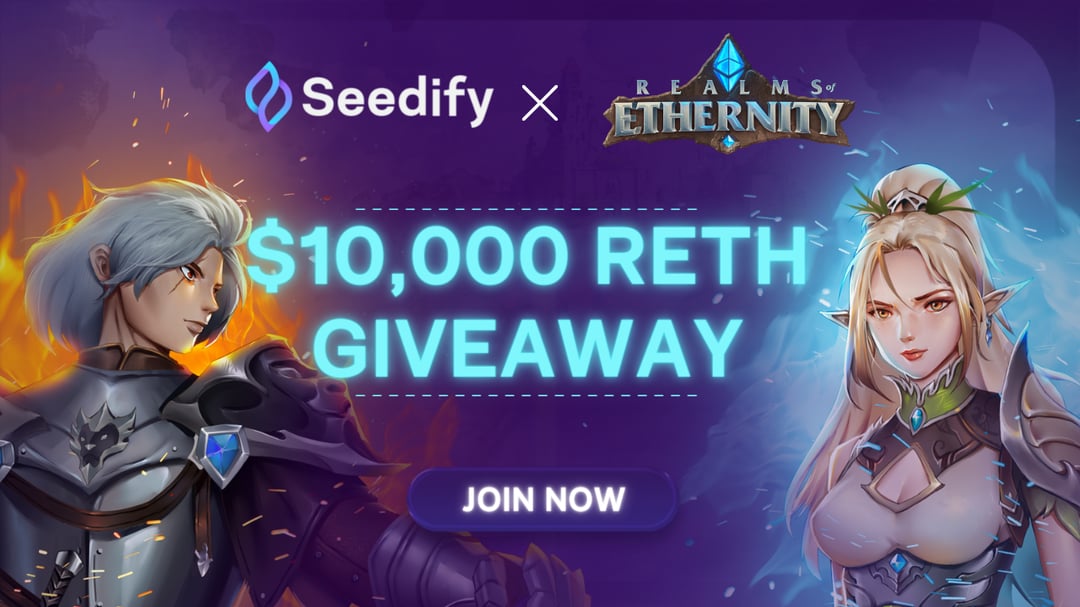 SeedifyFund's tweet card. Realms of Ethernity x Seedify | $10,000 RETH Giveaway 🥳 ------ Realms of Ethernity (RoE) is the next generation AAA MMORPG experience, a game which strives to create player-driven communities where...