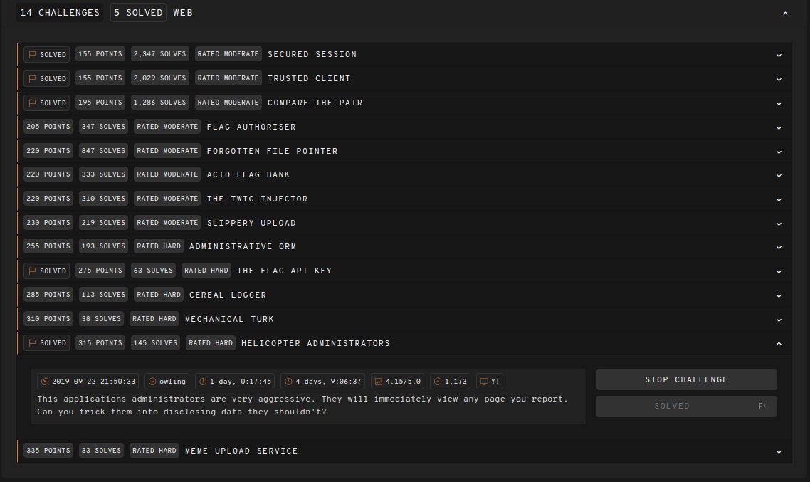 InfoSecComm's tweet card. A detailed and insightful solution writeup on the challenge Helicopter Administrators on 247CTF