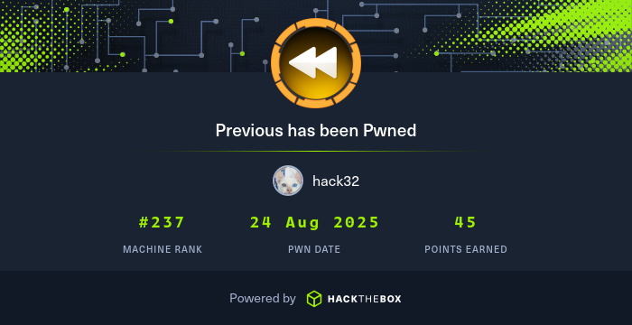 Hack32_'s tweet card. I have just owned machine Previous from Hack The Box