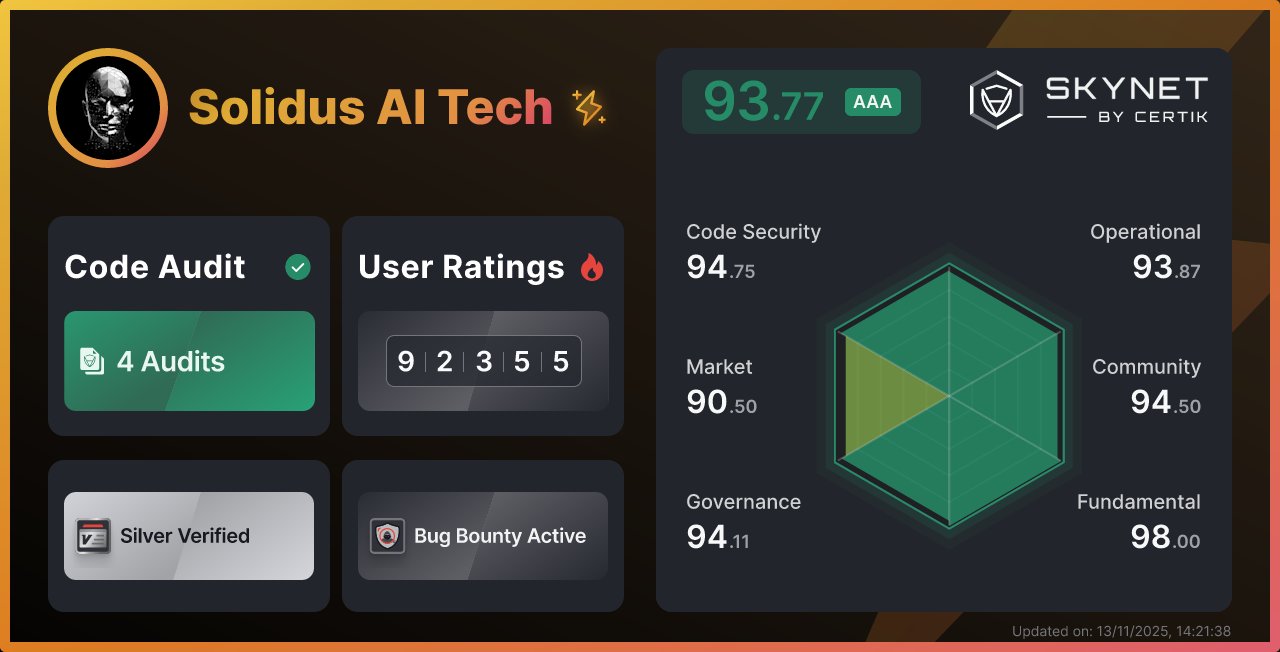 AITECHio's tweet card. Keep up with the latest security insights for Solidus AI Tech: Audits, Skynet Scores, Team Verified, Honors, On-Chain Monitoring, Bug Bounty and more.