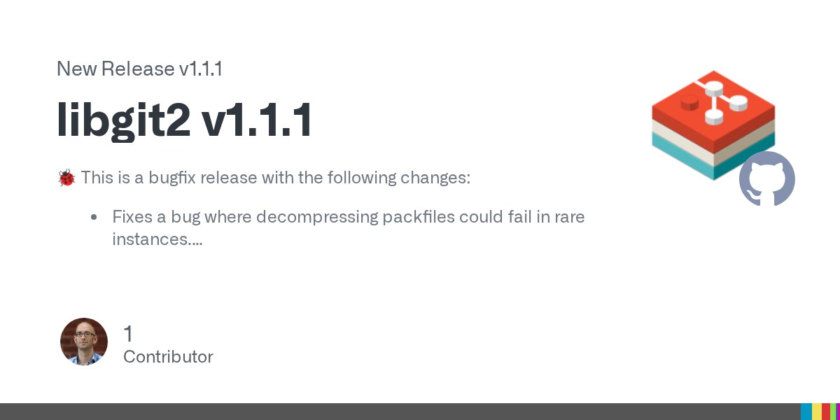 libgit2's tweet card. 🐞 This is a bugfix release with the following changes: Fixes a bug where decompressing packfiles could fail in rare instances. Ensure worktree paths are validated in more cases. Builds withou...