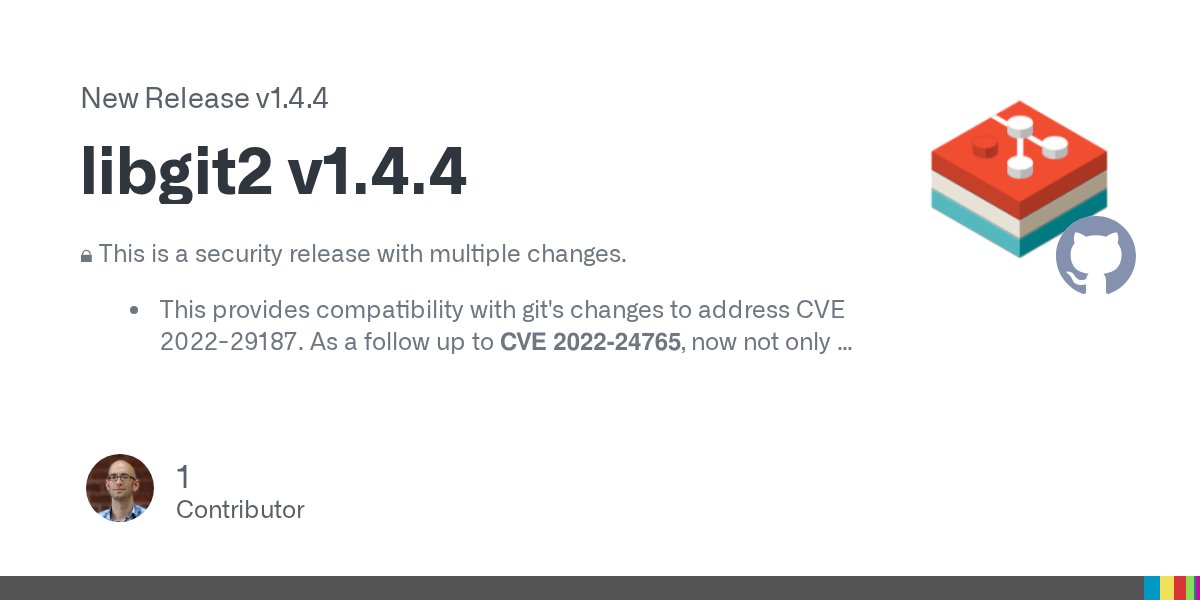 libgit2's tweet card. 🔒 This is a security release with multiple changes. This provides compatibility with git's changes to address CVE 2022-29187. As a follow up to CVE 2022-24765, now not only is the working dir...