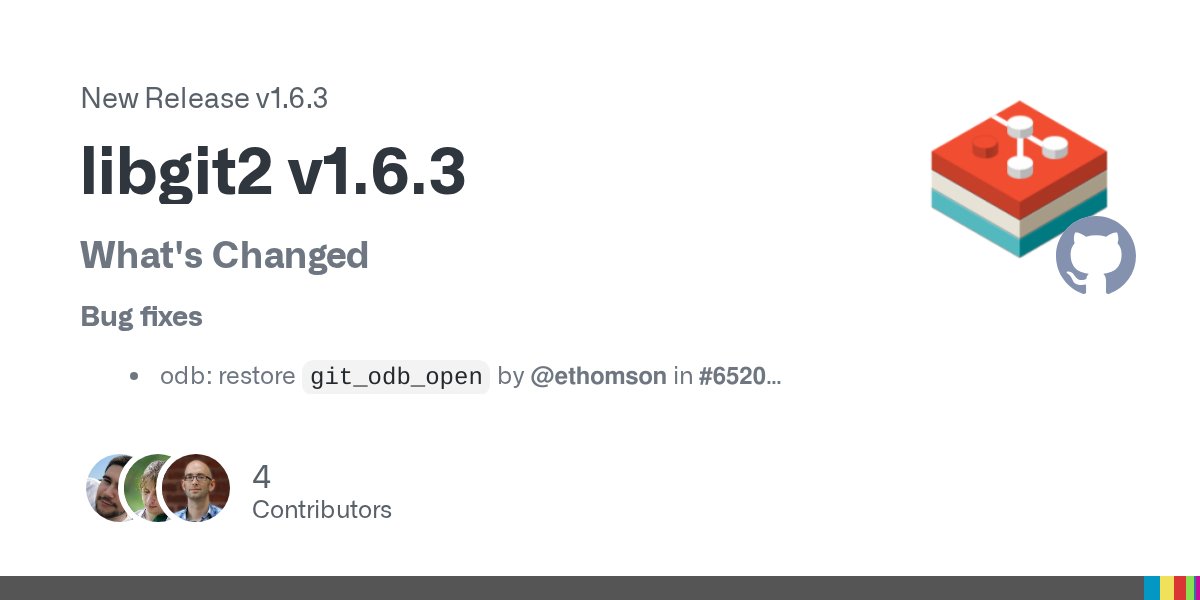 libgit2's tweet card. What's Changed Bug fixes odb: restore git_odb_open by @ethomson in #6520 Ensure that git_index_add_all handles ignored directories by @ethomson in #6521 pack: use 64 bits for the number of obj...