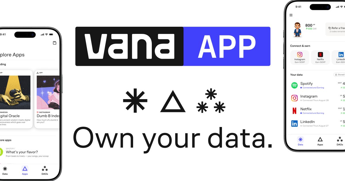 Arjun7080kumar's tweet card. Vana lets you experience your data in a new way. Securely share, verify, and analyze your personal data through Data Apps and earn from their data through Data DAOs.