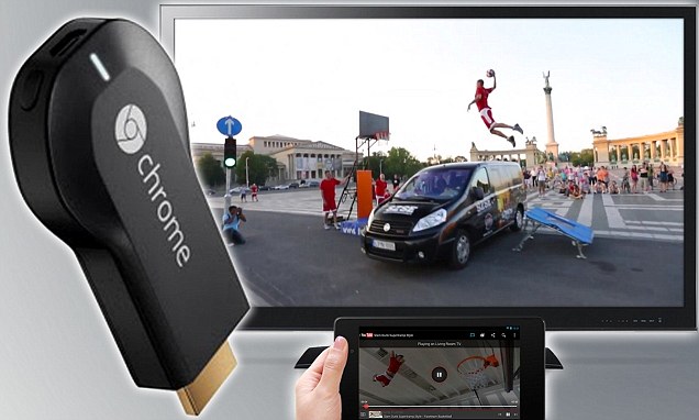 ButterSideUpp's tweet card. Google's Chromecast is now available in the UK. It connects to HDMI ports on TVs and streams content from phones, tablets and laptops onto the big screen.