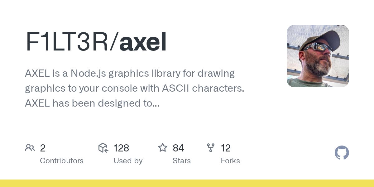 javascriptstars's tweet card. AXEL is a Node.js graphics library for drawing graphics to your console with ASCII characters. AXEL has been designed to help create games, retro graphics and spice up the terminal components of yo...