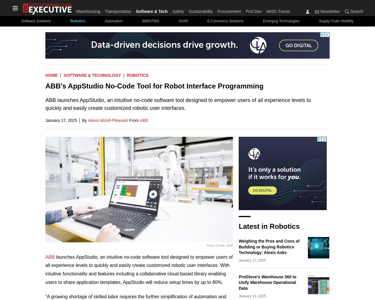 managetech_inc's tweet card. 要約: ABBがAppStudioを発表。これは直感的なノーコードソフトウェアツールであり、すべての経験レベル